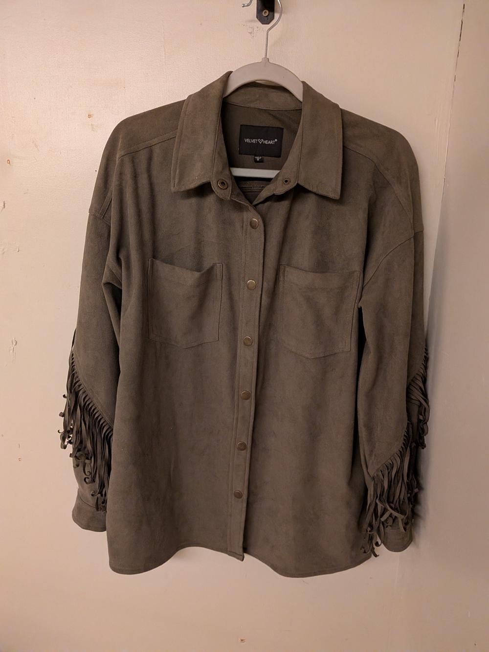Velvet Heart Suede Fringe Shirt Jacket - Olive Taupe S/M